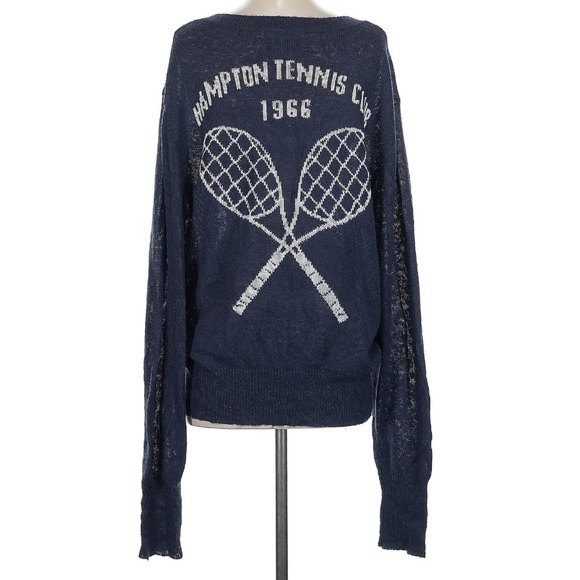 WILDFOX Hampton Tennis Club 1966 Semi Sheer Oversized Sweater Navy V-Neck Small - Picture 3 of 10